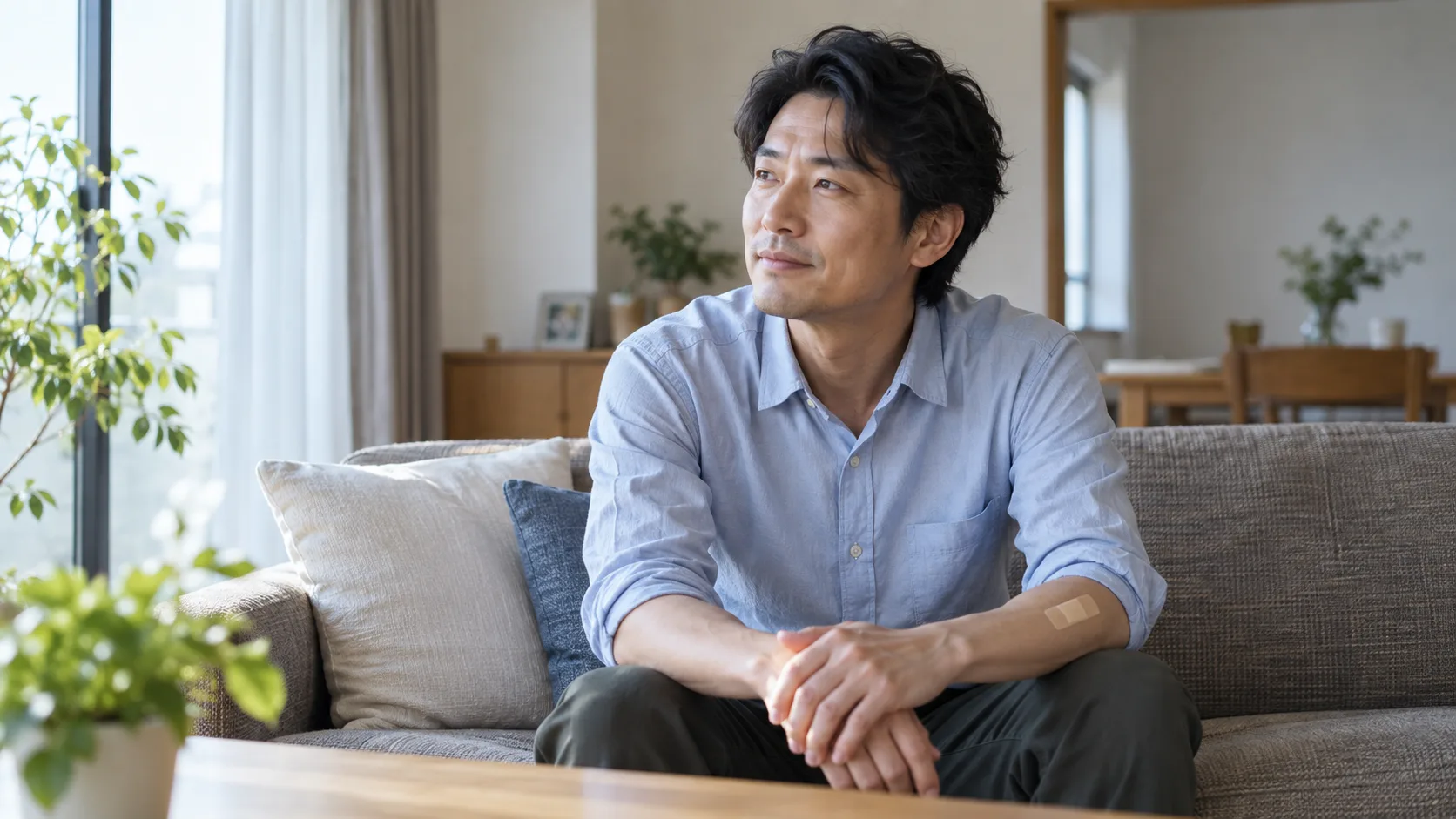腕に小さな絆創膏を貼った成人が、自宅で無理のない姿勢で休むイメージ
