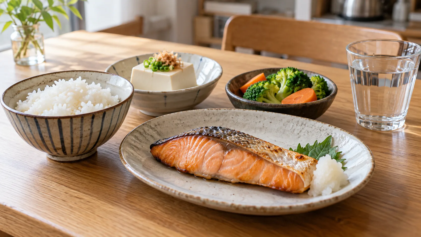 ご飯、焼き魚、豆腐、野菜を組み合わせた家庭の食事のイメージ