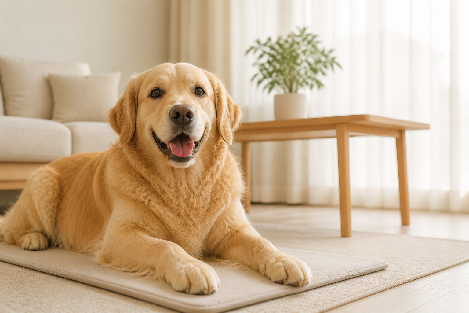 リビングのマットの上でくつろぐ犬 | ペット向けのDENBA Pet