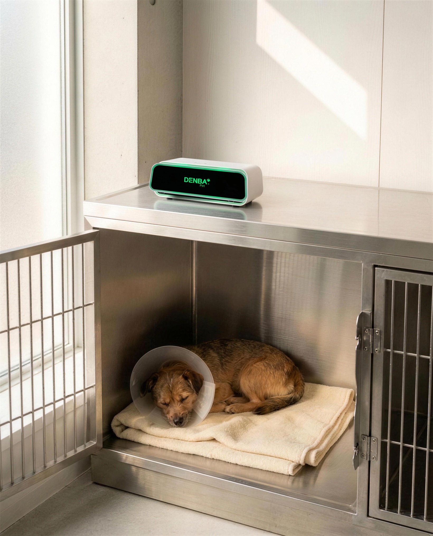 Installed on a veterinary hospital cage, another angle
