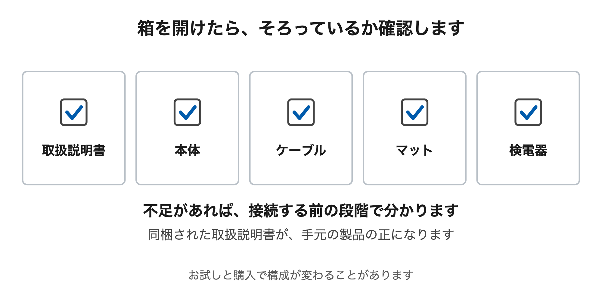 取扱説明書、本体、ケーブル、マット、検電器がそろっているかを接続前に確認する。同梱された取扱説明書が手元の製品の正になる。お試しと購入で構成が変わることがある。